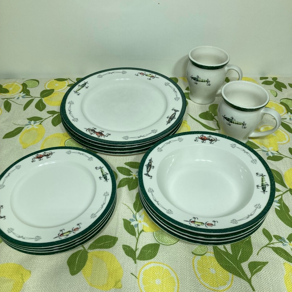 Big Sky Carvers Lodge Stoneware - Lures -  Dinnerware Set 14 piece Vtg 2001